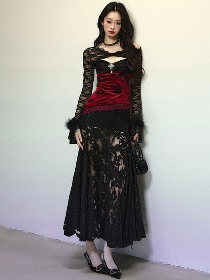 Black Asymmetrical Neckline Red Velvet Patchwork Semi-sheer Mermaid Skirt Dress Evening Gown
