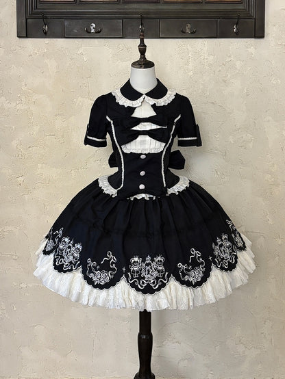 Black Old School Lolita Cotton OP Dress with Embroidered Scallop Trim Skirt - Secret Tea Party