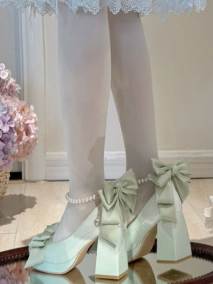 Green Sweet Toe Bowknot Lolita Platform Janes Round Mary Shoes Details