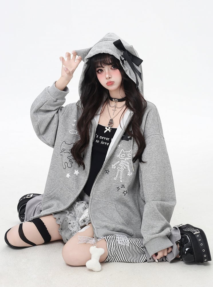 Bone Plushie Schwarz/Grau Zip-up Hoodie mit Kitty Ohren Kapuze und