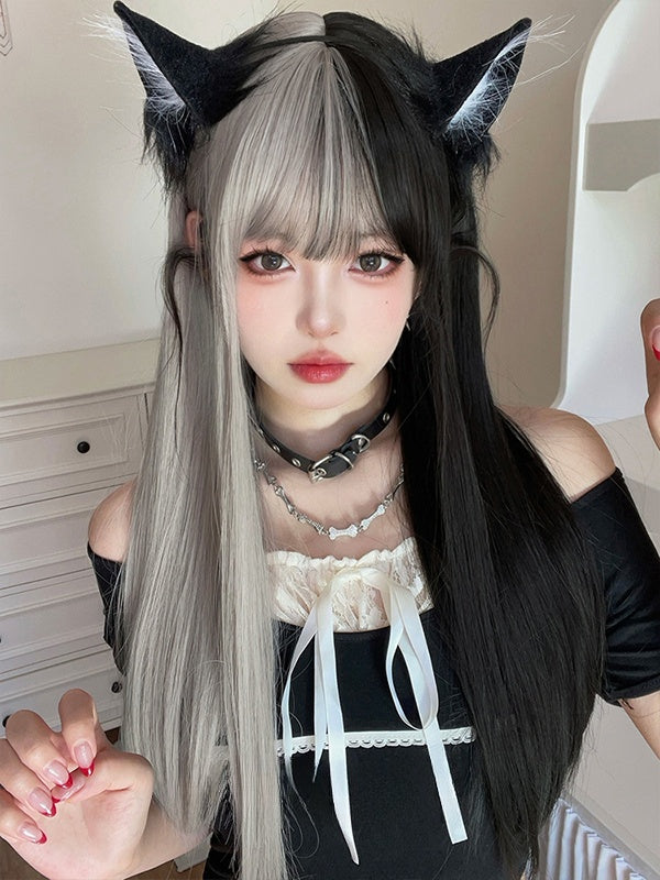 Silver&Black Split Color Long Straight Synthetic Wig With Bangs