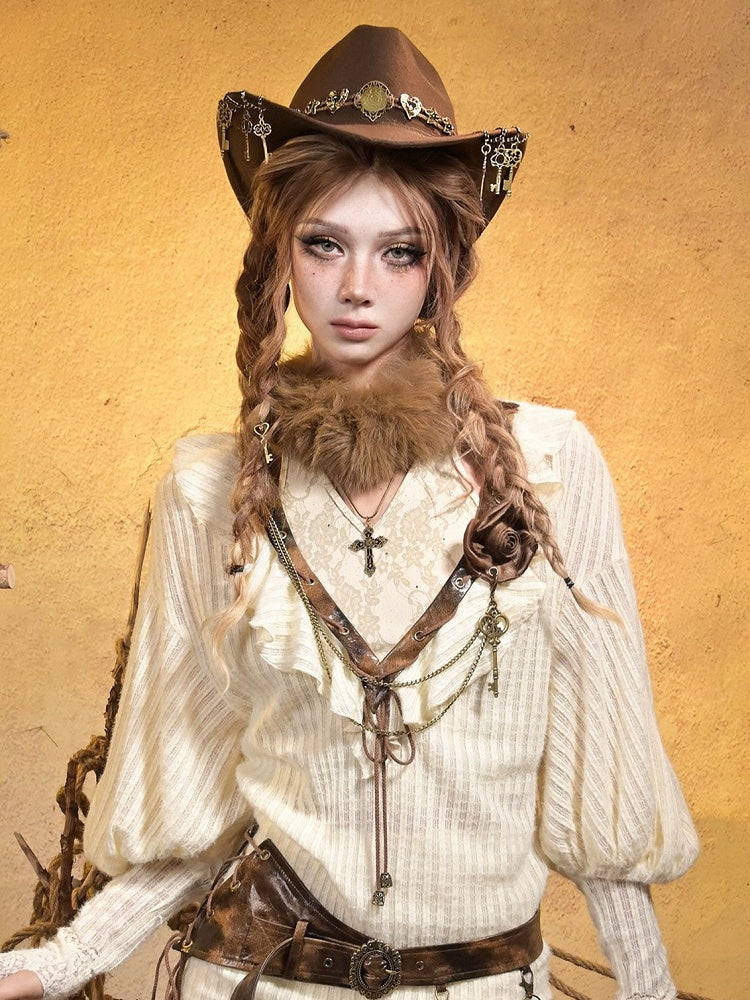 Top Faux Collar Tie Brown Shimmer Floral Punk Fur with Beige Halter