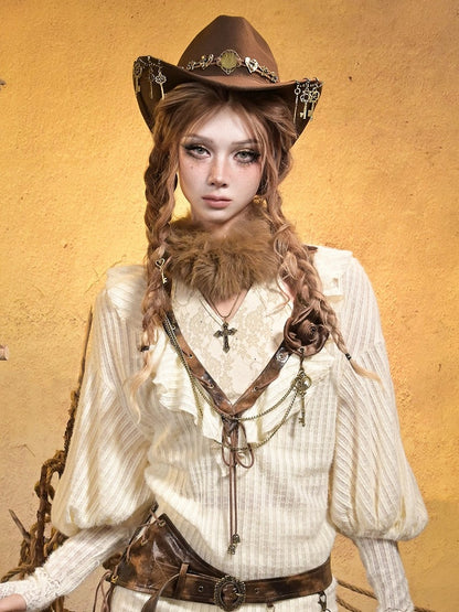 Top Faux Collar Tie Brown Shimmer Floral Punk Fur with Beige Halter