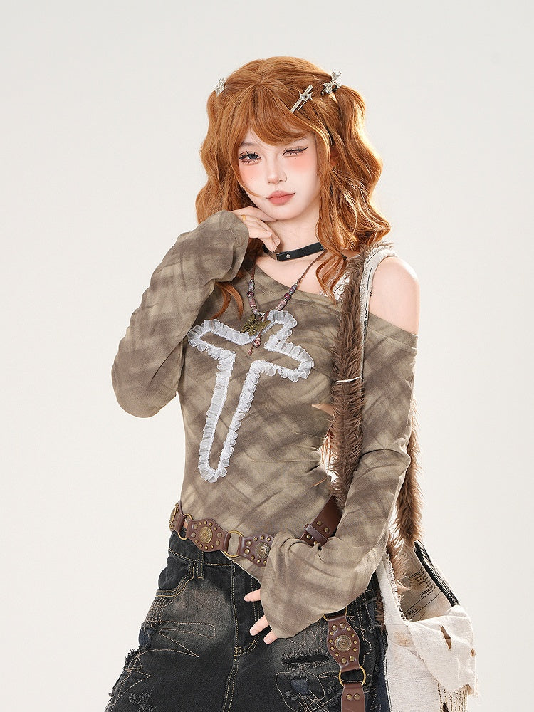 Details Gray/Green Lace One-Shoulder Cross Top Cutout with Applique and Plaid