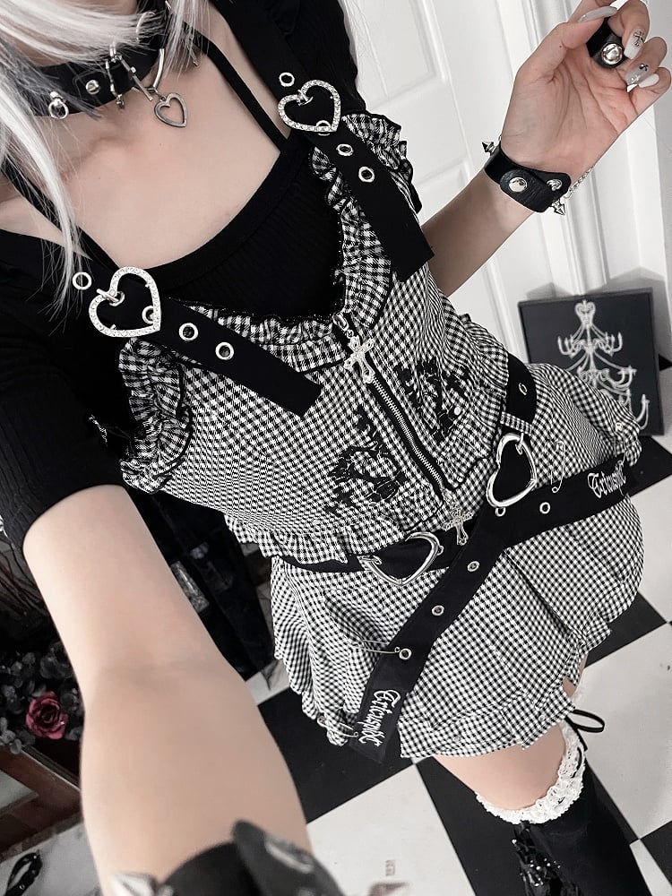 with Zipper Ruffled White Heart Vest Gothic Black Cross Houndstooth Straps Buckle