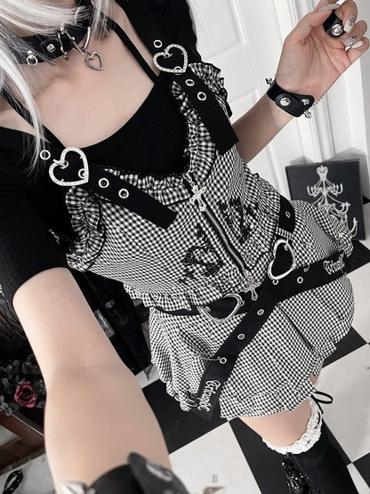 with Zipper Ruffled White Heart Vest Gothic Black Cross Houndstooth Straps Buckle