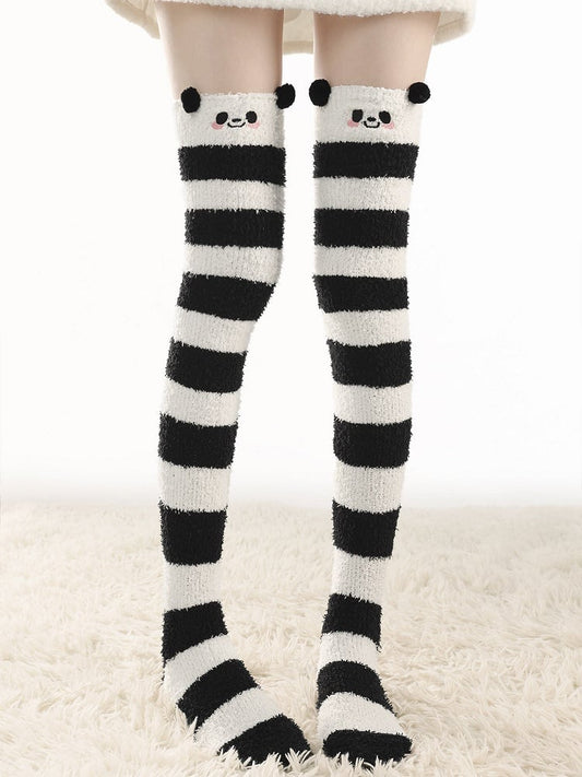 69cm Black White Bear Over-the-Knee Stripe Stockings