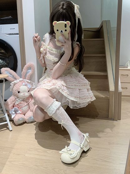 スイートロリータミルクホワイトリボンハートバックルストラップブロックヒールメリージェーン