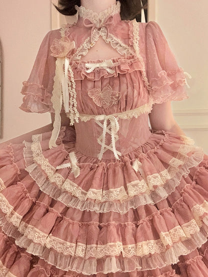 Rosa Kleid Goldfisch Lolita mit Stickerei und süßen Details Rüschen Stufenspitze