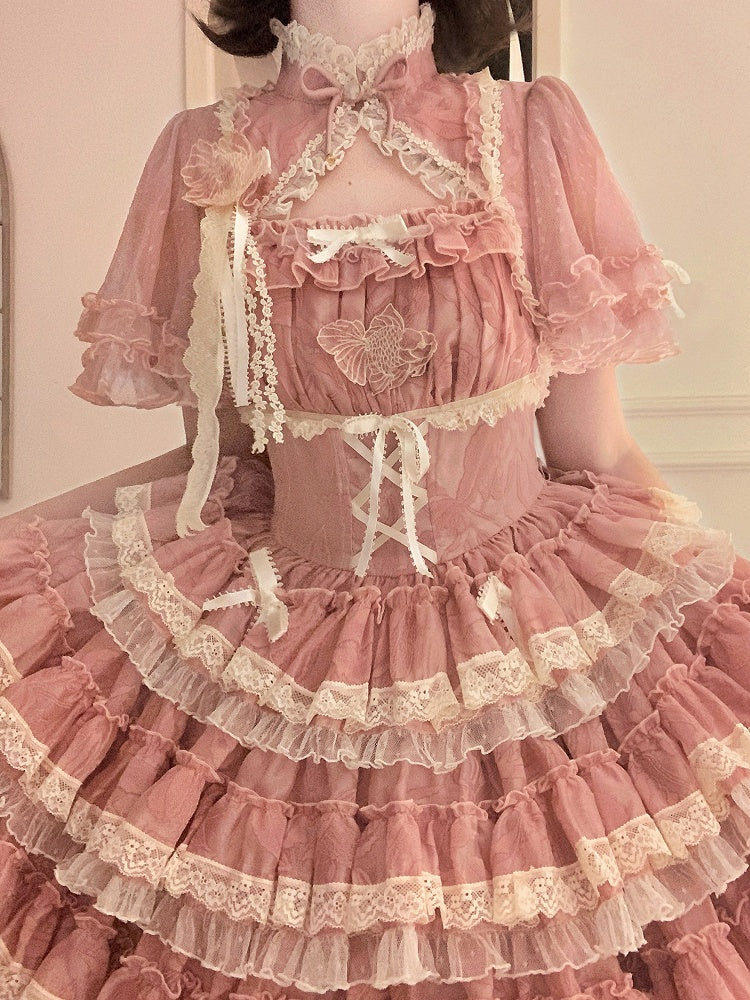 Lolita Ruffles Embroidery with Pink Lace Goldfish Details Dress Sweet and Tiered