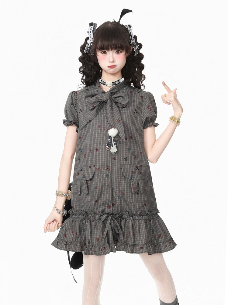 Gray Star Print Plaid Puff Sleeve Dress with Bow & Bunny Ear Pockets - Languid Park