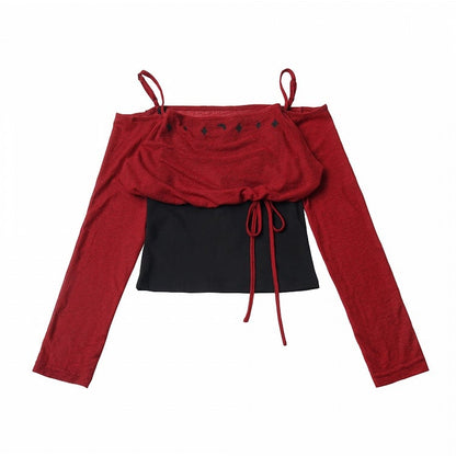 Off-Shoulder Black Red Long Sleeve Top - PINK SAVIOR