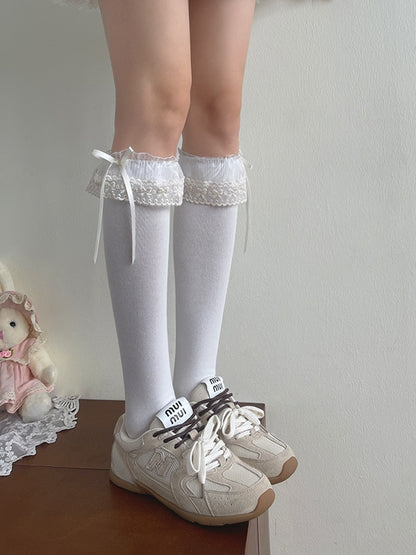 Ruffled Calf Trim with Socks Embroidered White/Black Decoration Lolita Bow