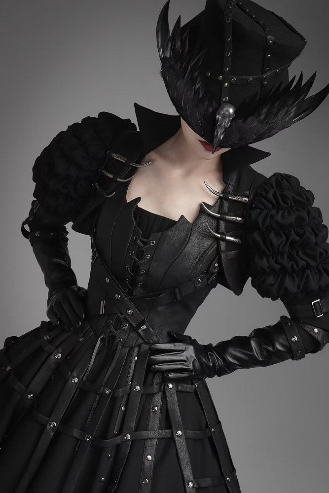Black Gothic Lolita Jumper Dress with Birdcage Leather Straps & Rivets - FOXTROT