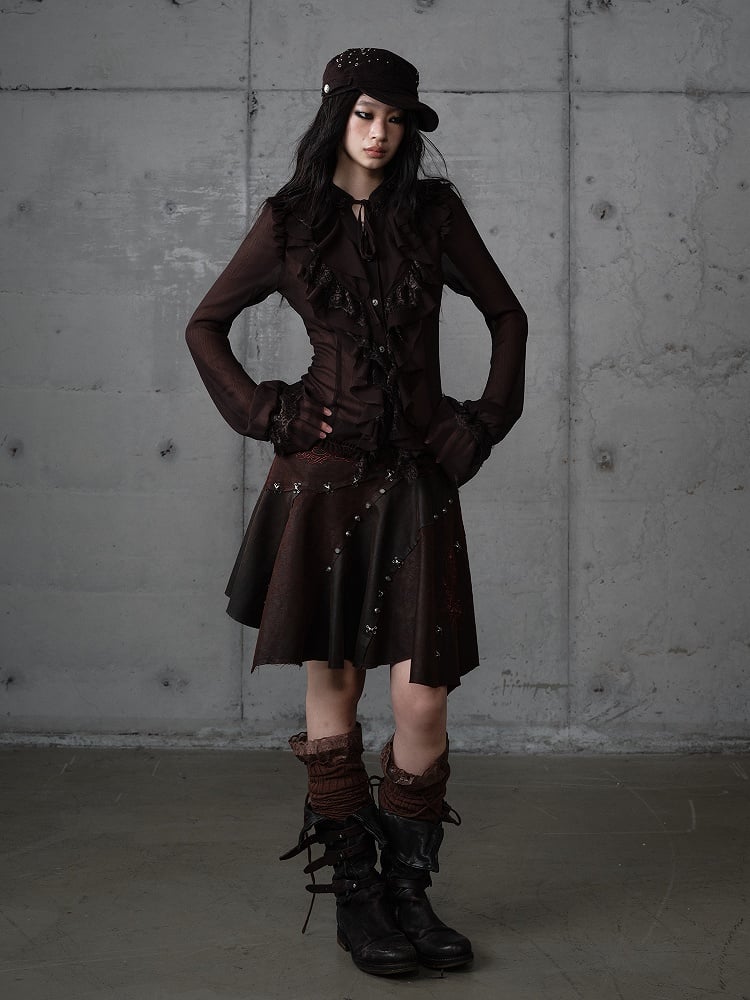 Princess Flounce Blouse Lace Button-Down Tie-Neck Front with Tiered Brown Vintage