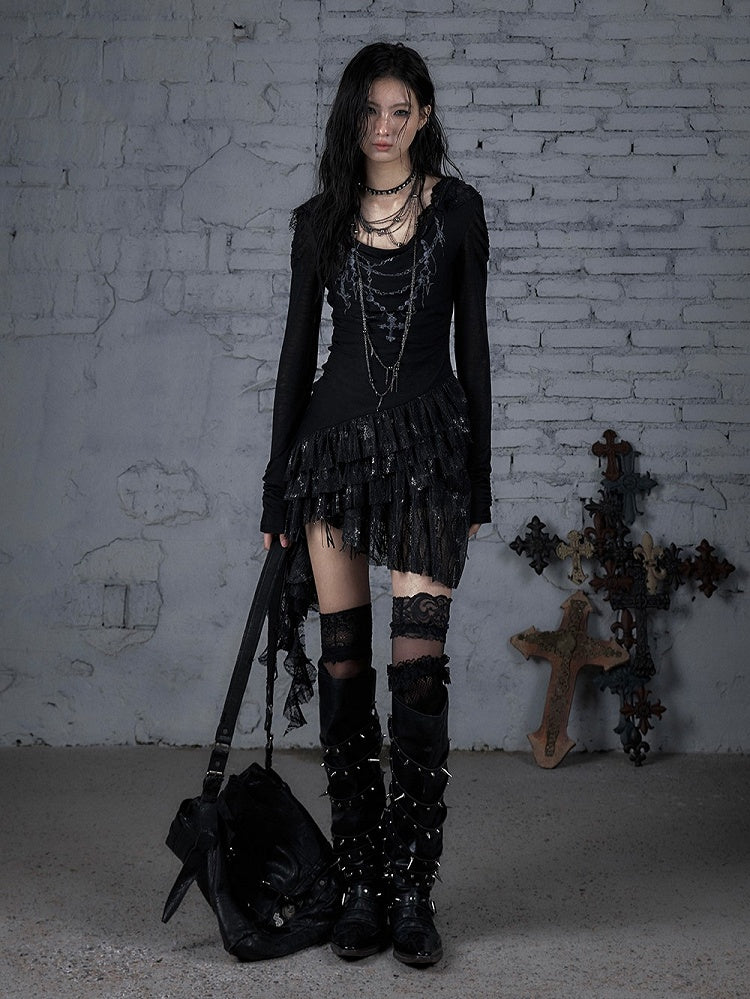 Asymmetric Tiered Lace Dress Cross with Hood Black Hem Print Punk