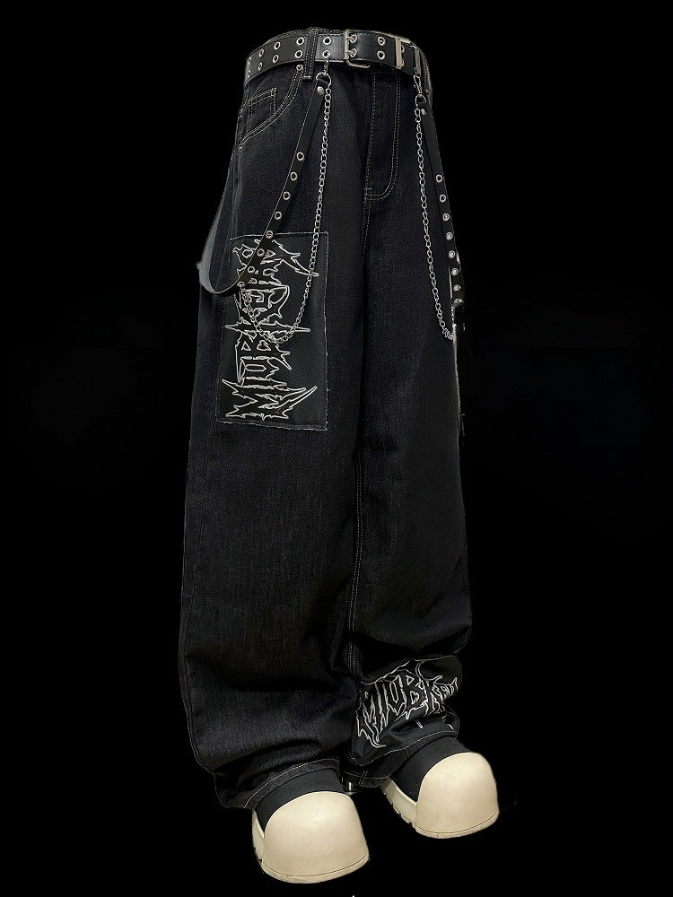 ダークカットアップリケレタージーンズブルーストレートレッグ