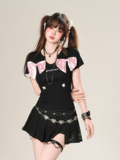 Pink Bow Accents White/Black Glamorous Slim-fitting T-Shirt