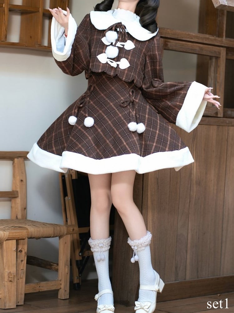 for Coat Lolita Dress Sweet and Paired Autumn with Winter Cherry Brown Embroidered Plaid