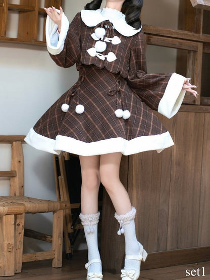 for Coat Lolita Dress Sweet and Paired Autumn with Winter Cherry Brown Embroidered Plaid