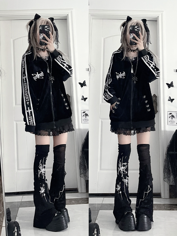 Tape Sleeve Tracksuit Gothic Cross Velvet Print TextBack Jacketwith Black