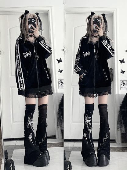 Tape Sleeve Tracksuit Gothic Cross Velvet Print TextBack Jacketwith Black