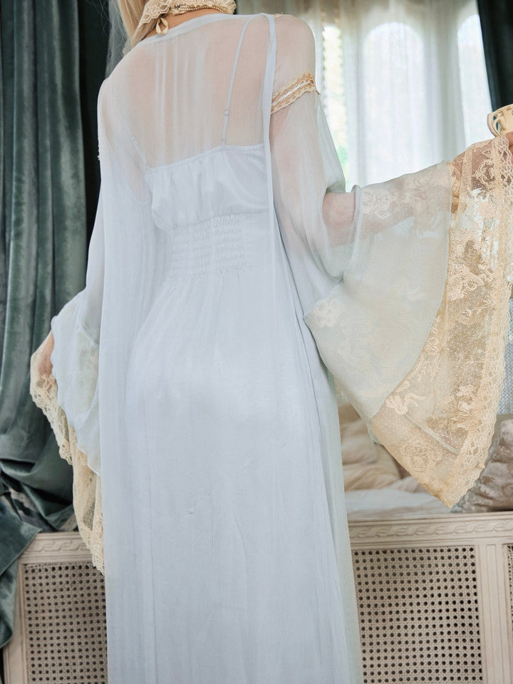 Baby Blue Bell Sleeve Flared Robe with Apricot Lace Details - Blood Supply