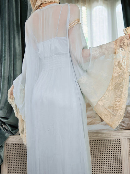 Baby Blue Bell Sleeve Flared Robe with Apricot Lace Details - Blood Supply