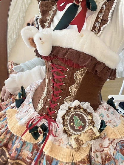 Brown Layered Boned Vibes Decorations Dress with Christmas Bow Lolita Waist Sweet Corset
