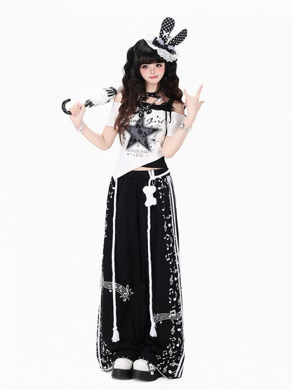 Black Music Note Printed Straight Leg Pants with Waist Cord - Kawaii Daily - CRAZY GIRL