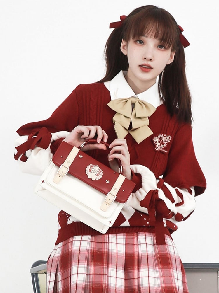 Badge Flap Fold-Over Red Shoulder Bag White with Collegiate