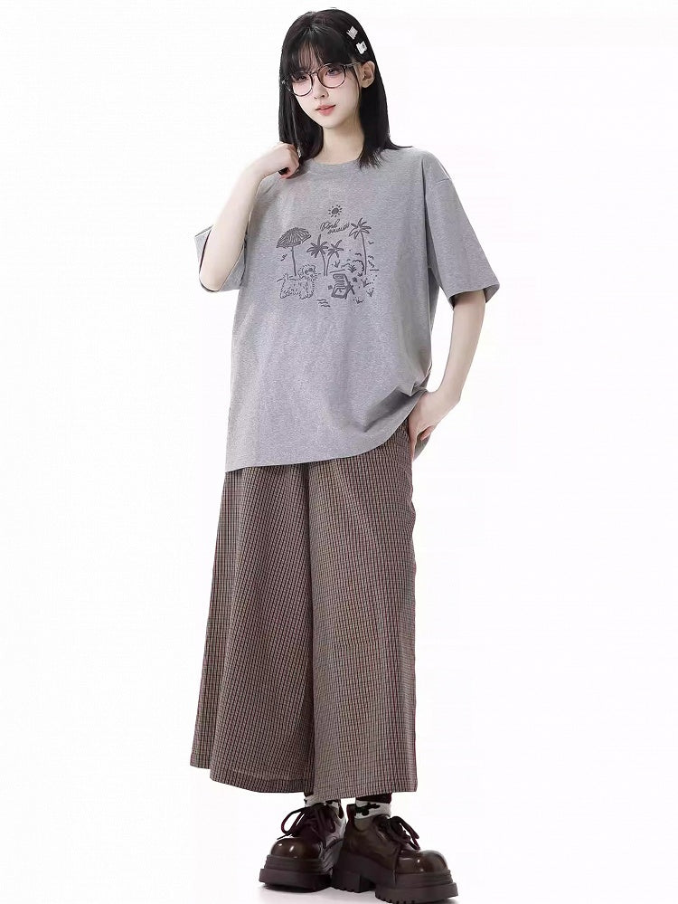 ルーズグラフィティTシャツ パピー ラウンドネック グレー/ピンク/ライトパープル