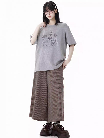 ルーズグラフィティTシャツ パピー ラウンドネック グレー/ピンク/ライトパープル