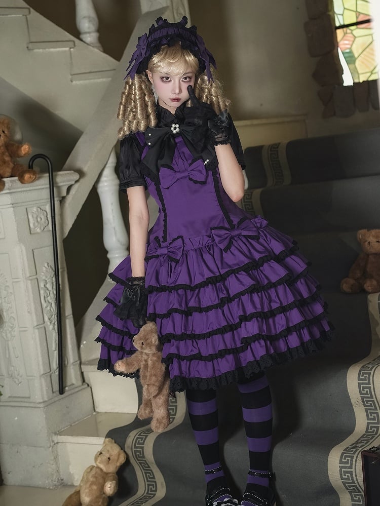 Lolita Gothic and Purple Lace Accents with Trim Dress Ruffles Black Bow Tiered