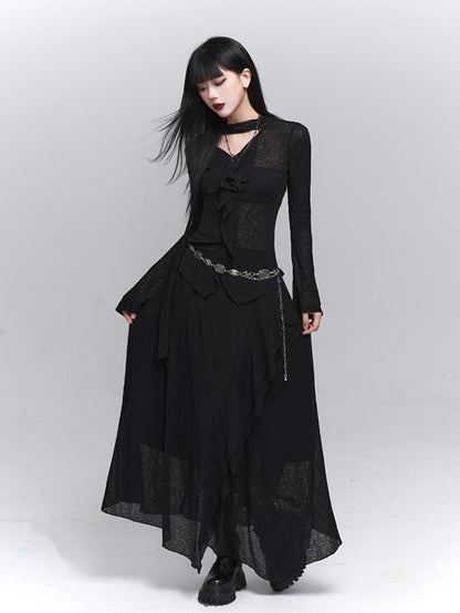Gothic Black Maxi Skirt with Asymmetrical Draping and Elastic Waist - Lady Ghost