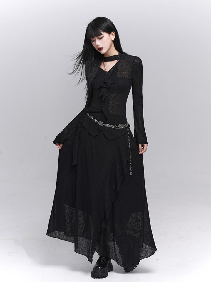 with V-Neck Ruffles Gothic Neck Cascading Black Attached Top
