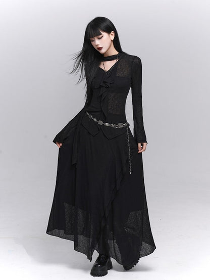with V-Neck Ruffles Gothic Neck Cascading Black Attached Top