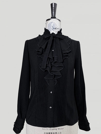 Jabot Sleeves with Details Shirt Long Collar Pleated Black