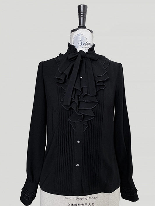 Jabot Sleeves with Details Shirt Long Collar Pleated Black