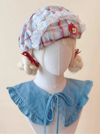 Beret Flipped Brim Red Embroidery Plaid and Applique Blue Apple with