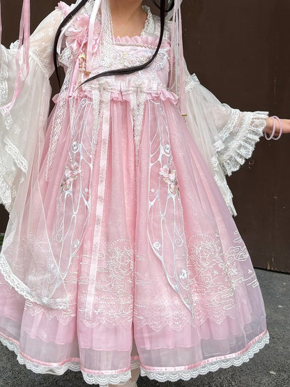 Pink & White Chinoiserie Floral Lace Blouse for Inner or Outer Wear - Flower Banquet