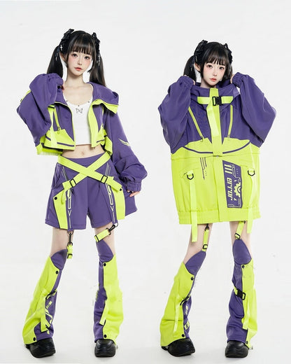 Cyber Design Criss-Cross Techwear Colorblock Green Shorts Strap Landmine with Purple