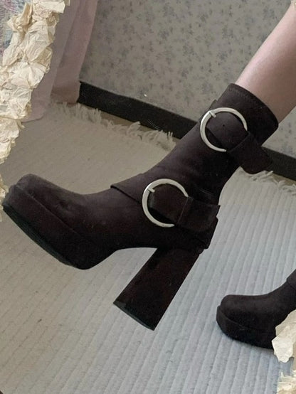 Bottes Mi-mollet Marron à Bout Carré avec Fermeture Éclair Plateforme Boucle Intérieure Talon Carré Haut