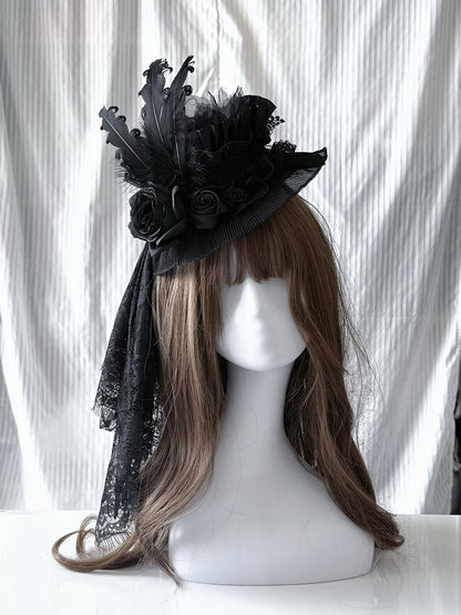 Feather Floral Lace Gothic Black Mini Hat - Widow-maker