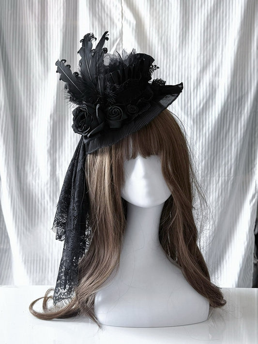 Feather Floral Lace Gothic Black Mini Hat - Widow-maker
