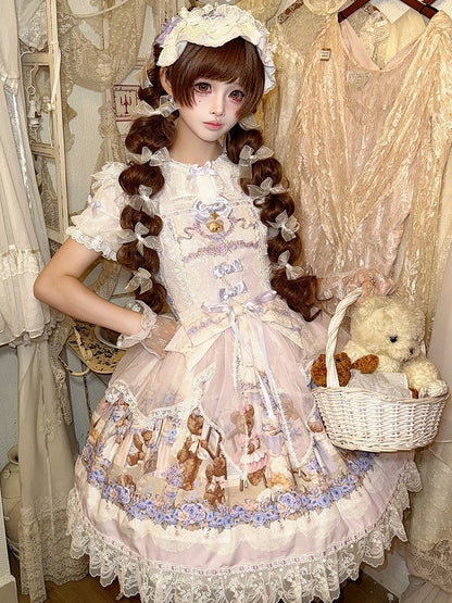 Cute Bear & Flower Pattern Sweet Purple Lolita JSK Gown - Stars Fall on the Foggy Island