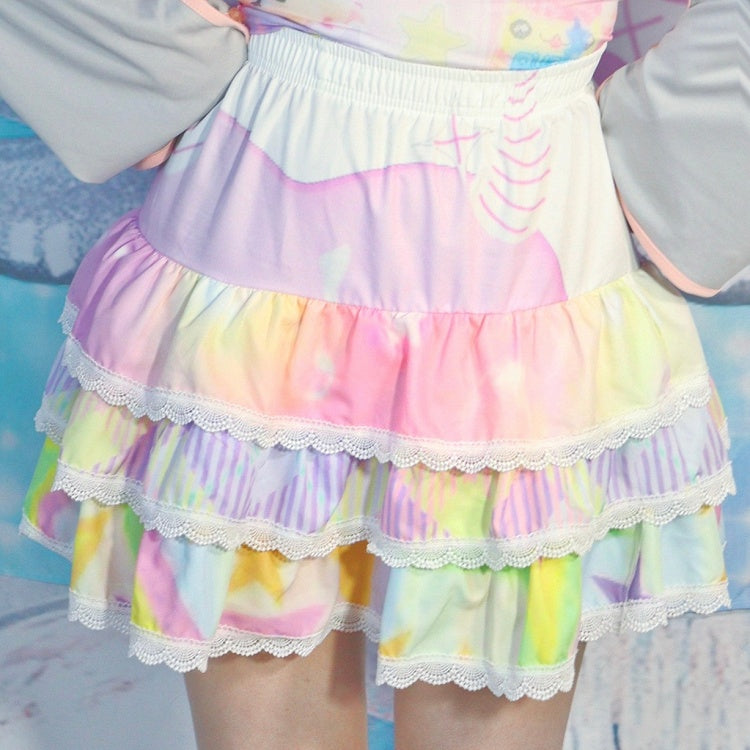 Weiß/Blau/Lila Rock mit Spitzenbesatz Y2K Streifenmuster Stufen A-Linie