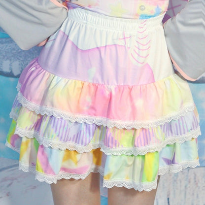 A-Linie Y2K Streifenmuster Weiß/Blau/Lila Stufenrock mit Spitzenbesatz