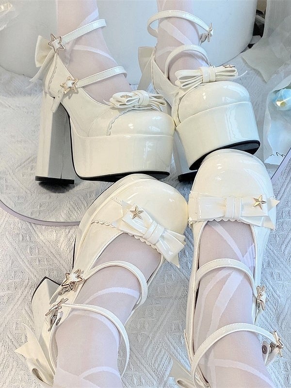High-heeled Elegant Accents Snap Shoes 12cm Bow Star Lolita White with