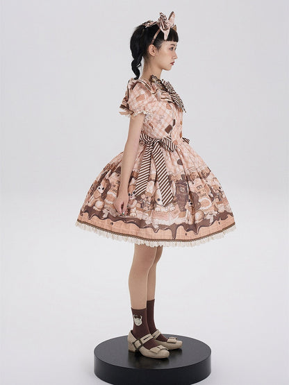 Süßes Lolita-Kleid mit kurzen Ärmeln und Welpen- und Keks-Print in Gelb